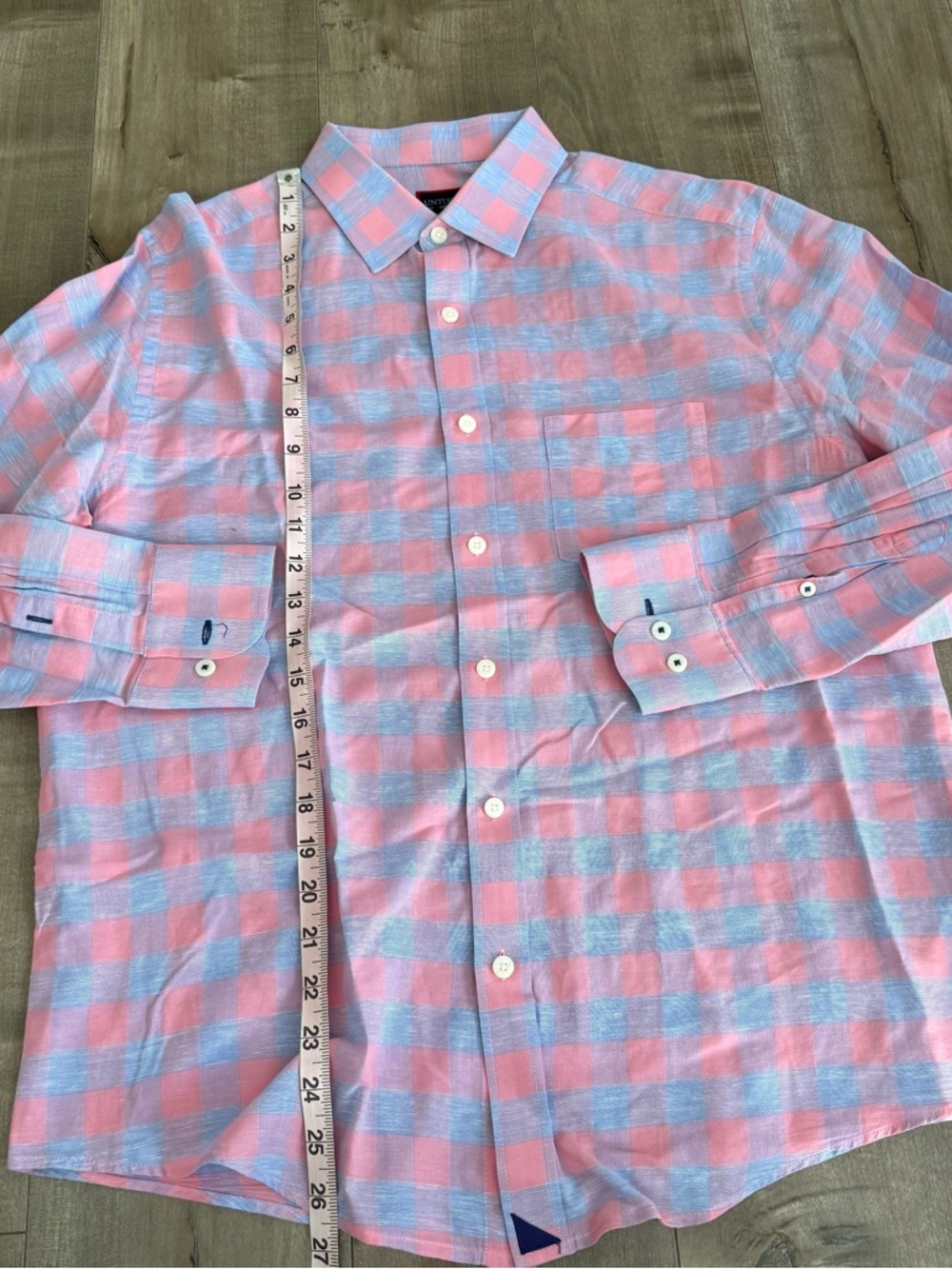UNTUCKit Long Sleeve Button Up Shirt Linen Blend Check Medium Pink Red Blue Pock - Picture 5 of 7